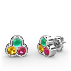 Mini Tria Küpe - Kök zümrüt, sitrin ve rodolit garnet 14 ayar beyaz altın küpe #nv4nk6