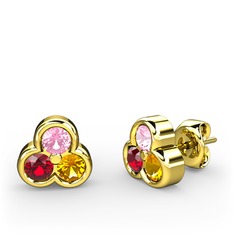 Mini Tria Küpe - Pembe kuvars, garnet ve sitrin 14 ayar altın küpe #nycuj0