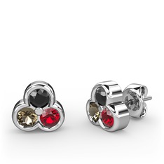 Siyah zirkon, dumanlı kuvars ve garnet 18 ayar beyaz altın küpe