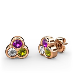 Mini Tria Küpe - Ametist, beyaz zirkon ve peridot 14 ayar rose altın küpe #o4937h