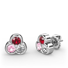 Garnet, pembe kuvars ve swarovski 18 ayar beyaz altın küpe