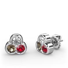 Mini Tria Küpe - Pırlanta, dumanlı kuvars ve garnet 925 ayar gümüş küpe (0.22 karat) #odiqav