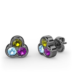 Mini Tria Küpe - Peridot, akuamarin ve ametist 925 ayar siyah rodyum kaplama gümüş küpe #osthib