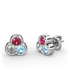 Mini Tria Küpe - Rodolit garnet, swarovski ve akuamarin 14 ayar beyaz altın küpe #ot2o8j