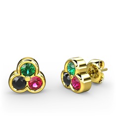 Mini Tria Küpe - Yeşil kuvars, siyah zirkon ve rodolit garnet 18 ayar altın küpe #ou694j