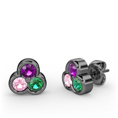 Mini Tria Küpe - Ametist, pembe kuvars ve yeşil kuvars 925 ayar siyah rodyum kaplama gümüş küpe #ovxwpi