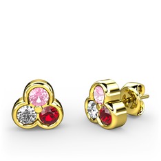 Pembe kuvars, pırlanta ve garnet 8 ayar altın küpe (0.22 karat)