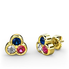 Mini Tria Küpe - Lab safir, pırlanta ve rodolit garnet 8 ayar altın küpe (0.22 karat) #p6oyru