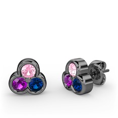 Mini Tria Küpe - Pembe kuvars, ametist ve lab safir 925 ayar siyah rodyum kaplama gümüş küpe #pc0adl