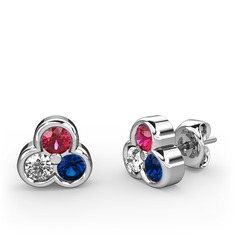 Mini Tria Küpe - Rodolit garnet, swarovski ve lab safir 18 ayar beyaz altın küpe #poktqx