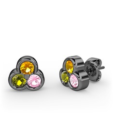 Sitrin, peridot ve pembe kuvars 925 ayar siyah rodyum kaplama gümüş küpe