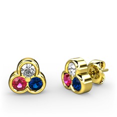 Beyaz zirkon, rodolit garnet ve lab safir 14 ayar altın küpe