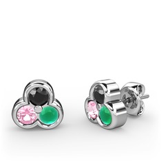 Mini Tria Küpe - Siyah zirkon, pembe kuvars ve kök zümrüt 8 ayar beyaz altın küpe #q90qmh