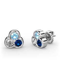 Mini Tria Küpe - Akuamarin, pırlanta ve lab safir 14 ayar beyaz altın küpe (0.22 karat) #qefx85