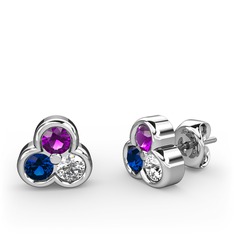 Ametist, lab safir ve swarovski 18 ayar beyaz altın küpe