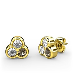 Mini Tria Küpe - Swarovski, pırlanta ve dumanlı kuvars 18 ayar altın küpe (0.22 karat) #qntrzf