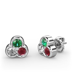 Mini Tria Küpe - Yeşil kuvars, swarovski ve kök yakut 14 ayar beyaz altın küpe #qo5c17
