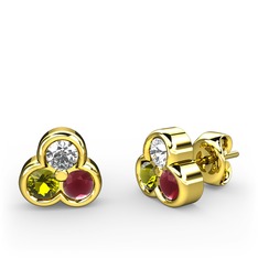 Mini Tria Küpe - Beyaz zirkon, peridot ve kök yakut 18 ayar altın küpe #qt8fxw