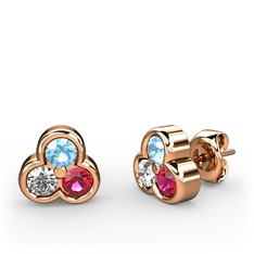 Akuamarin, swarovski ve rodolit garnet 14 ayar rose altın küpe