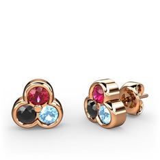 Mini Tria Küpe - Rodolit garnet, siyah zirkon ve akuamarin 18 ayar rose altın küpe #r5h3mj
