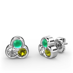 Kök zümrüt, pırlanta ve peridot 8 ayar beyaz altın küpe (0.22 karat)