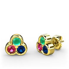 Kök zümrüt, rodolit garnet ve lab safir 14 ayar altın küpe