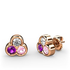 Mini Tria Küpe - Swarovski, ametist ve pembe kuvars 14 ayar rose altın küpe #roqaij