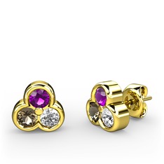 Mini Tria Küpe - Ametist, dumanlı kuvars ve swarovski 8 ayar altın küpe #runbx6
