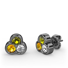 Mini Tria Küpe - Peridot, sitrin ve beyaz zirkon 925 ayar siyah rodyum kaplama gümüş küpe #ry1eec