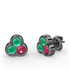 Mini Tria Küpe - Kök zümrüt ve rodolit garnet 925 ayar siyah rodyum kaplama gümüş küpe #rz6fb4
