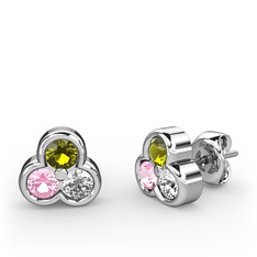 Mini Tria Küpe - Peridot, pembe kuvars ve pırlanta 18 ayar beyaz altın küpe (0.22 karat) #sfe717