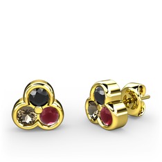 Siyah zirkon, dumanlı kuvars ve kök yakut 14 ayar altın küpe