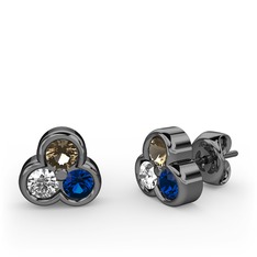 Mini Tria Küpe - Dumanlı kuvars, swarovski ve lab safir 925 ayar siyah rodyum kaplama gümüş küpe #slcqr7