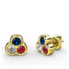 Mini Tria Küpe - Lab safir, pırlanta ve garnet 8 ayar altın küpe (0.22 karat) #sqywzz