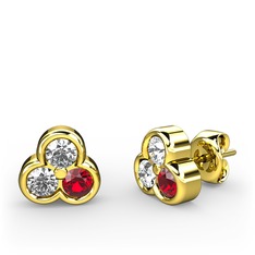 Mini Tria Küpe - Beyaz zirkon, pırlanta ve garnet 8 ayar altın küpe (0.22 karat) #sw5txt