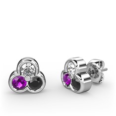 Mini Tria Küpe - Swarovski, ametist ve siyah zirkon 14 ayar beyaz altın küpe #t1no52