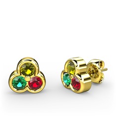 Mini Tria Küpe - Peridot, yeşil kuvars ve garnet 14 ayar altın küpe #t2hcim