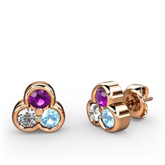 Mini Tria Küpe - Ametist, pırlanta ve akuamarin 18 ayar rose altın küpe (0.22 karat) #thvuph