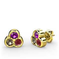 Mini Tria Küpe - Ametist, dumanlı kuvars ve kök yakut 8 ayar altın küpe #tiltbd