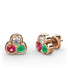 Mini Tria Küpe - Pırlanta, rodolit garnet ve kök zümrüt 14 ayar rose altın küpe (0.22 karat) #tqvqml