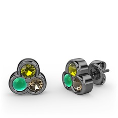 Mini Tria Küpe - Peridot, kök zümrüt ve dumanlı kuvars 925 ayar siyah rodyum kaplama gümüş küpe #tssddz
