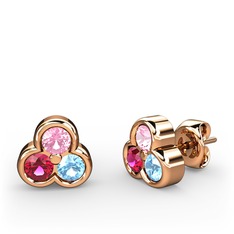 Mini Tria Küpe - Pembe kuvars, rodolit garnet ve akuamarin 14 ayar rose altın küpe #tw8moh
