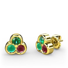 Mini Tria Küpe - Yeşil kuvars, kök zümrüt ve kök yakut 14 ayar altın küpe #u237g0