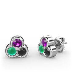 Mini Tria Küpe - Ametist, kök zümrüt ve siyah zirkon 14 ayar beyaz altın küpe #ub7o28