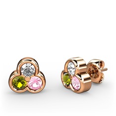 Mini Tria Küpe - Pırlanta, peridot ve pembe kuvars 925 ayar rose altın kaplama gümüş küpe (0.22 karat) #ubbflq