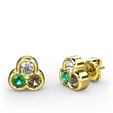Mini Tria Küpe - Swarovski, yeşil kuvars ve dumanlı kuvars 18 ayar altın küpe #uelik5