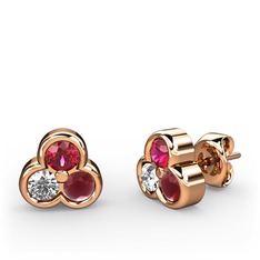 Mini Tria Küpe - Rodolit garnet, pırlanta ve kök yakut 8 ayar rose altın küpe (0.22 karat) #umuzl4