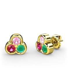 Mini Tria Küpe - Pembe kuvars, rodolit garnet ve kök zümrüt 18 ayar altın küpe #uzxyjh