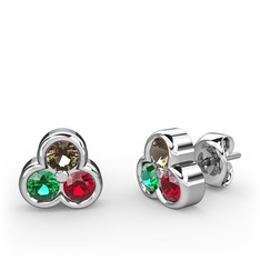 Dumanlı kuvars, yeşil kuvars ve garnet 18 ayar beyaz altın küpe