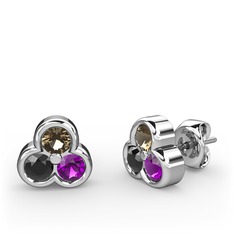 Dumanlı kuvars, siyah zirkon ve ametist 14 ayar beyaz altın küpe